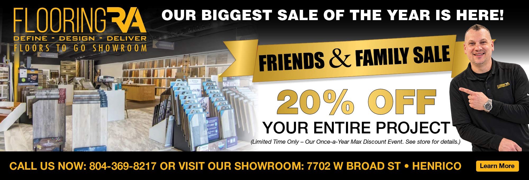 Save 20% on your entire flooring or bathroom renovation project during Flooring RVA's once-a-year Friends & Family Sale. Claim your free estimate today!