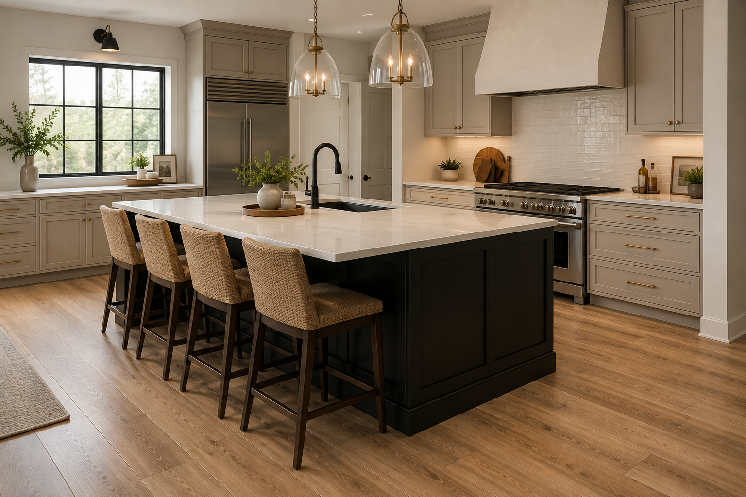 Modern kitchen with warm wood flooring, large island and neutral cabinetry