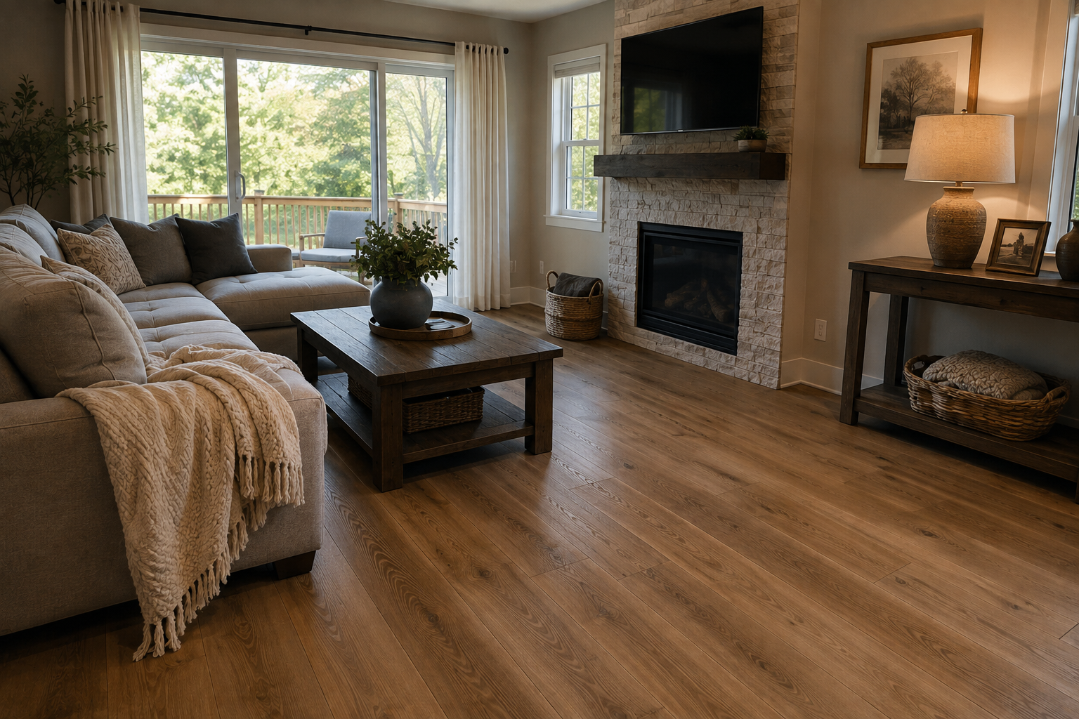 Living room with warm wood flooring and backyard deck